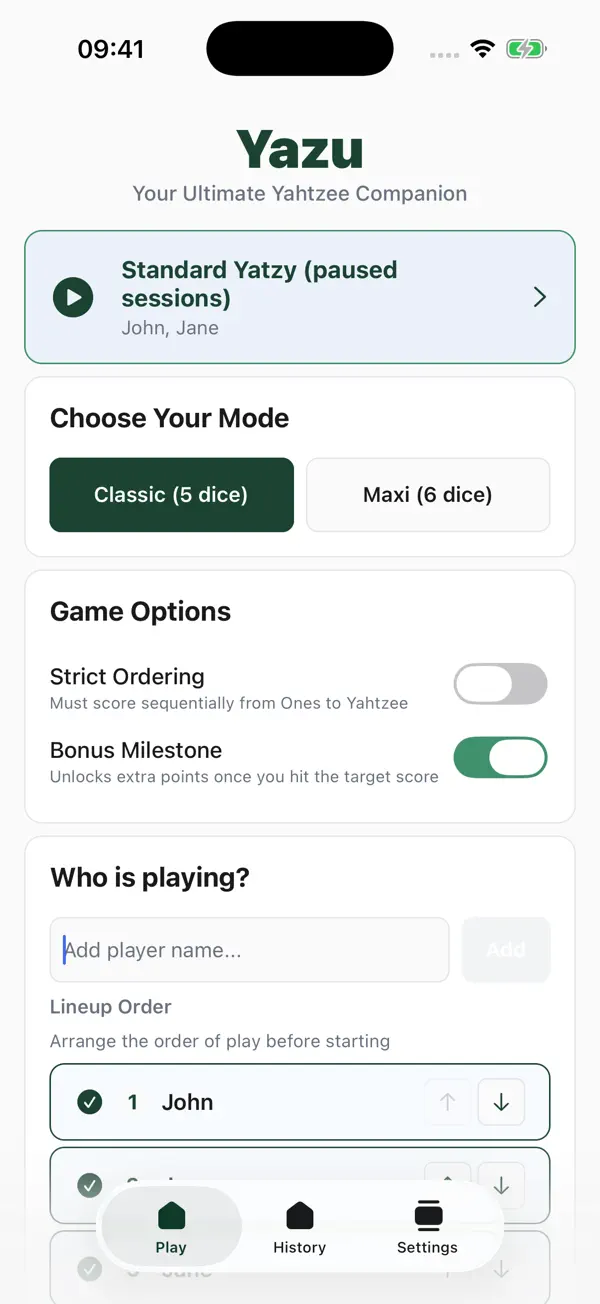 Yazu — Yatzy Scorecard