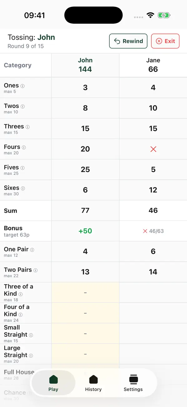 Yazu — Yatzy Scorecard